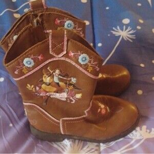 Spirit Girls Western Cowgirl Boots Brown Floral Embroidery Pull On Size 9